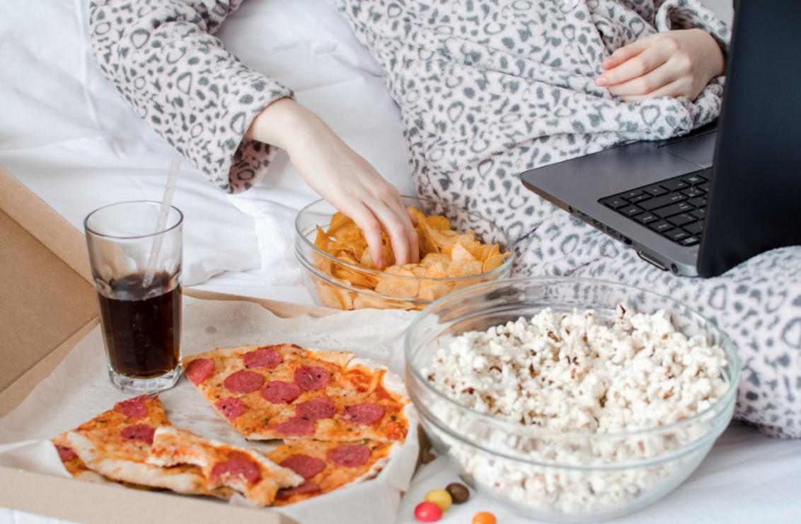 Eating in bed while sulking up on emotions is stress eating.